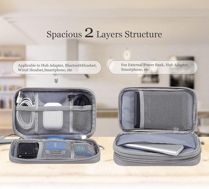 CAOODKDK Electronic Organizer Bag, Waterproof Portable Electronic Organizer Travel Accessories Cable Bag Universal Cord Storage Case for CableCord Storage Double Layer - Gray, Large