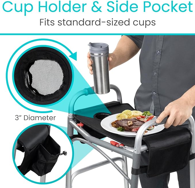 Vive Walker Tray for Folding Walker w/Cup Holder & Pockets - Removable | Adult Mobility Accessories - Fits Standard Walkers - Medical Table for Seniors Non Slip Mat for Food - Easy Assembly