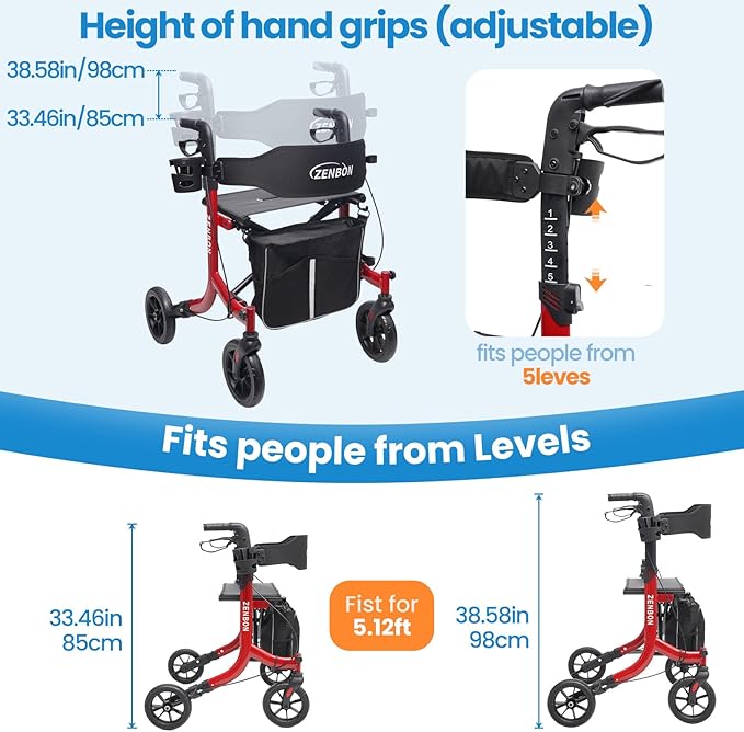 Rollator Walker for Seniors/Adults Foldable Rolling Walker with Seat 330 lbs Capacity 4 Big 8 inch Wheels Hand Grips Adjustable Height Lightweight Aluminum Walker Removable Back Support 7209(Red)