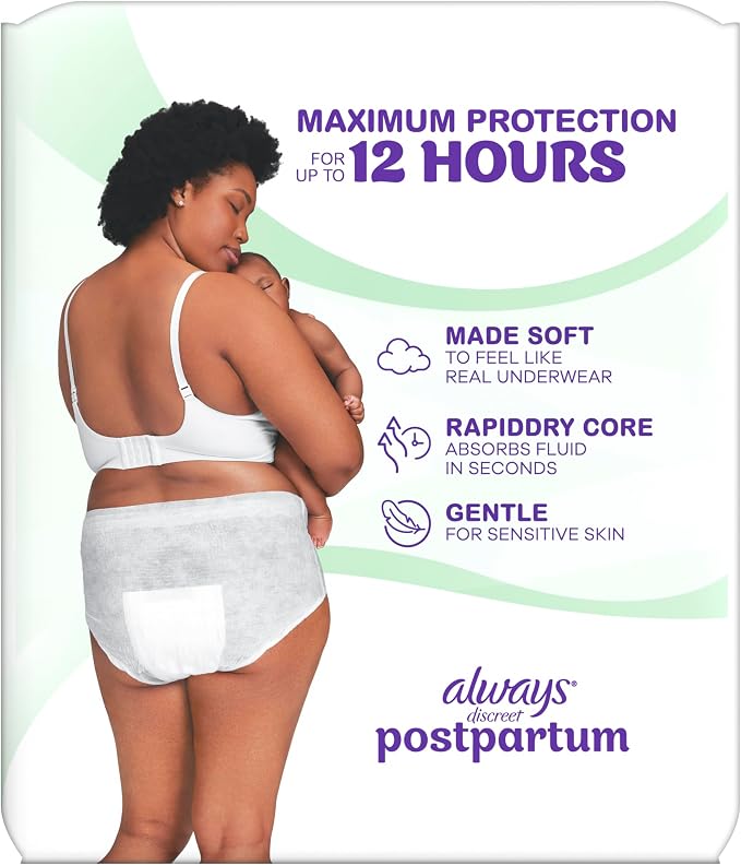 Always Discreet Postpartum, Reimagined Adult Diapers for Women, Maximum Absorbency Postpartum Underwear Size XL/XXL, Up to 100% Leak Free Bladder Leak Protection, 14 Count