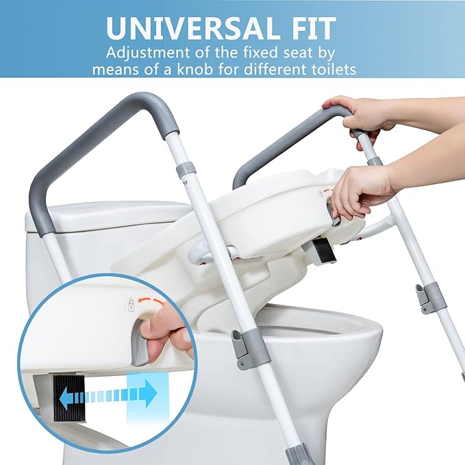 Raised Toilet Seat with Handles for Elderly - Toilet Seat Risers for Seniors with Adjustable Padded Arms - Elevated Toilet Safety Seat for Standard or Elongated Commode