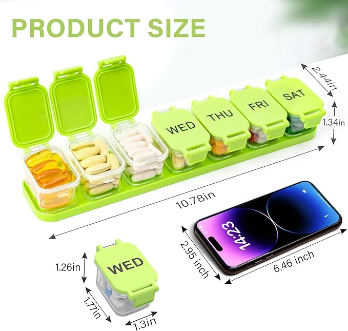 Extra Large Weekly Pill Organizer - Waterproof 7-Day Pill Box, Portable Vitamin & Supplement Case, Easy to Open Design, Ideal for Travel a nd Daily Medication Management (Green)