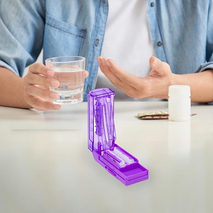 Multiple Pill Cutter for Small or Tiny Pills, Adjustable Pill Splitter for Large Pills Multi Tablets, Stainless Steel Cutting Blade and Blade Guard (Purple)