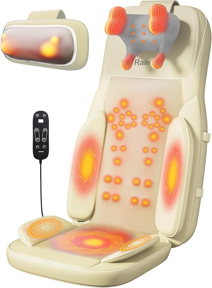 Rainwolf Shiatsu Neck and Back Massage Cushion with Heat - 4D Deep Tissue Kneading Full-Back Massager for Relief Tension, Adjustable Intensity & Height, for Office Chair & Home