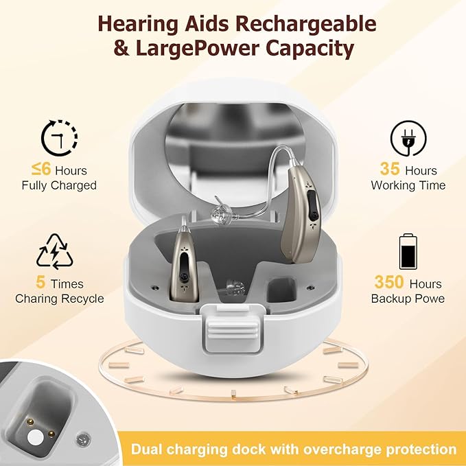 Rechargeable Hearing Aids for Seniors Severe Hearing Loss Earrck Hearing Amplifier with Noise Cancelling BTE Hearing Aid with Volume Control Dual Micphone (Silver)