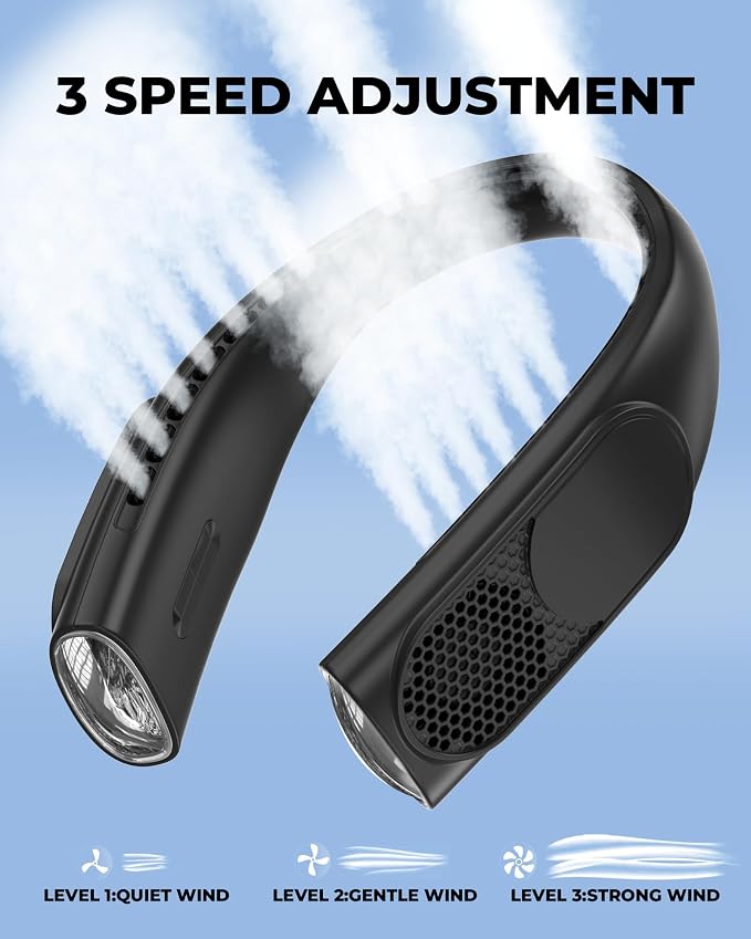 GOTOTO Portable Neck Fans that Blow Cold Air, Wearable Bladeless Neck Fan | Rechargeable 360° Personal Fan Neck Cooler, 3-Speed, LED Display, 4000mAh, Type C, Travel, Outdoor, Birthday Gift, Black