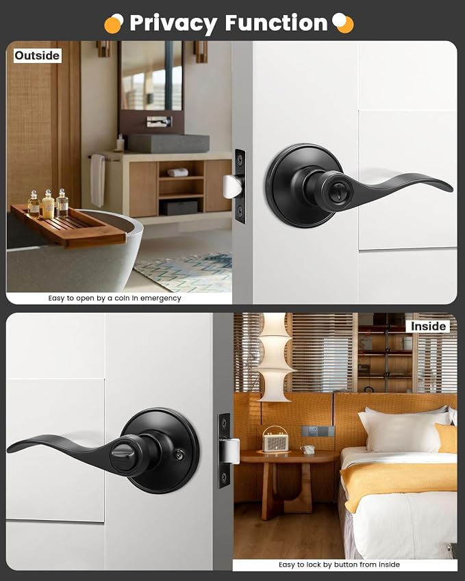 Gobrico Matte Black 1 Pack Privacy Door Handle, Interior Keyless Lever for Bedroom Bathroom, Reversible Wave/Drop Style Door Knob