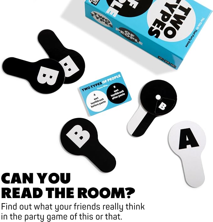 Two Types of People by Relatable, One of Our Go-to Party Games for Adults, Perfect Option for Board Games for Adults, Includes 300 Type Cards, 1 Guesser’s Paddle, 7 Answer Paddles