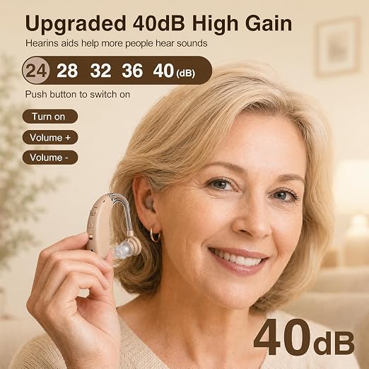 OTC Hearing Aids for Senior, Rechargeable Hearing Aids with Noise Cancelling, Behind-The-Ear Hearing Amplifier for Adults Hearing Loss with Volume Control (Brown)