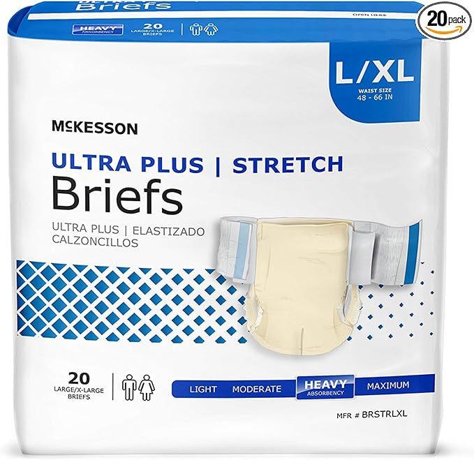 McKesson Ultra Plus Stretch Briefs, [20 Count], L/XL, 48-66 in. Incontinence Adult Diapers, Heavy Absorbency, Unisex, Disposable, Elastic Leg Gathers and Contoured Fit for Men and Women
