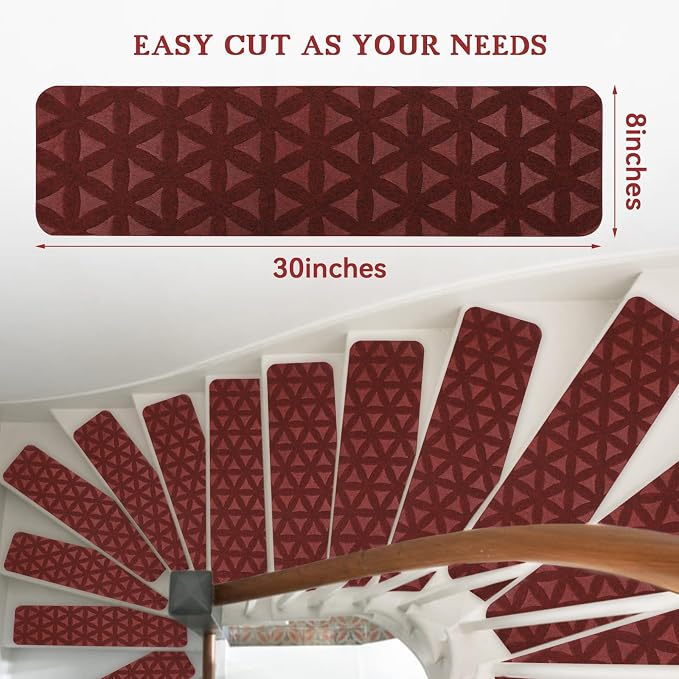 RIOLAND Non-Slip Carpet Stair Treads for Wooden Steps Indoor, 8" X 30", 15 Pack Peel and Stick Stair Treads Runners for Kids Elders and Pets, Red