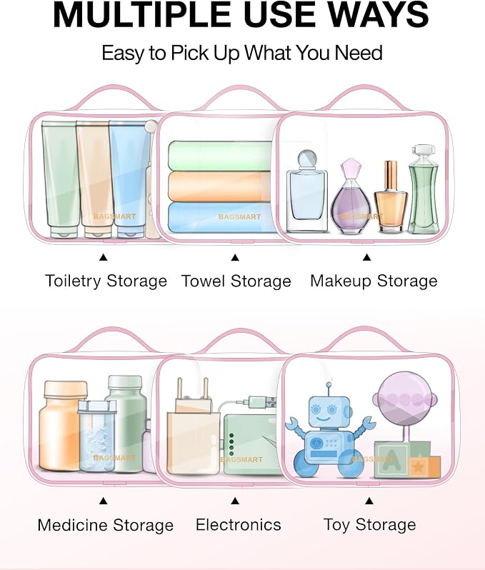 BAGSMART Clear Toiletry Bag, TSA Approved Travel Toiletry Bag Carry On Travel Accessories Bag Airport Airline Quart Size Bags water-resistant Makeup Bag for Women | Water-resistant Travel Toiletry Bag, Carry On Travel Accessories Bag, Airport Airline Q...