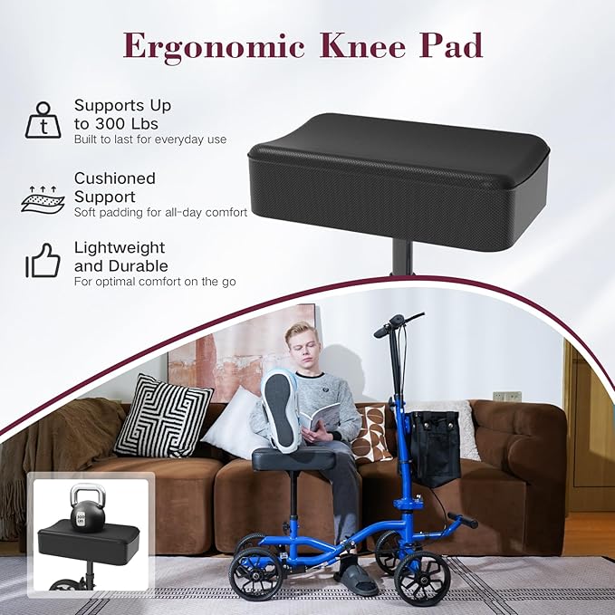Lightweight Knee Scooter Crutch Alternative, Foldable & Adjustable Knee Scooter for Adults for Foot Surgery, Steerable Knee Walker with Detachable Storage Basket, Includes DIY Stickers-Blue