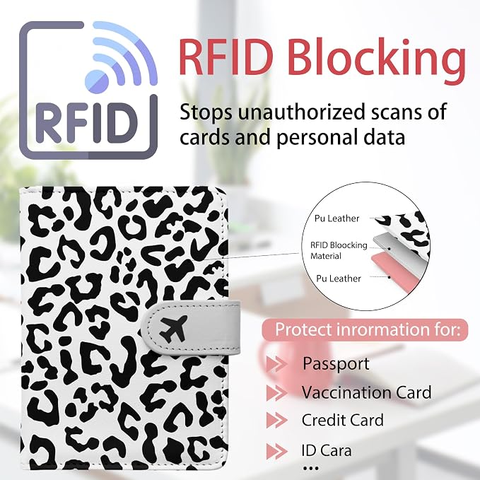 Passport Holder, Cute Travel Wallet Cover with RFID Blocking,Leopard | PU leather travel wallet with magnetic closure, card slots, pen loop, and easy access for passports and essentials.
