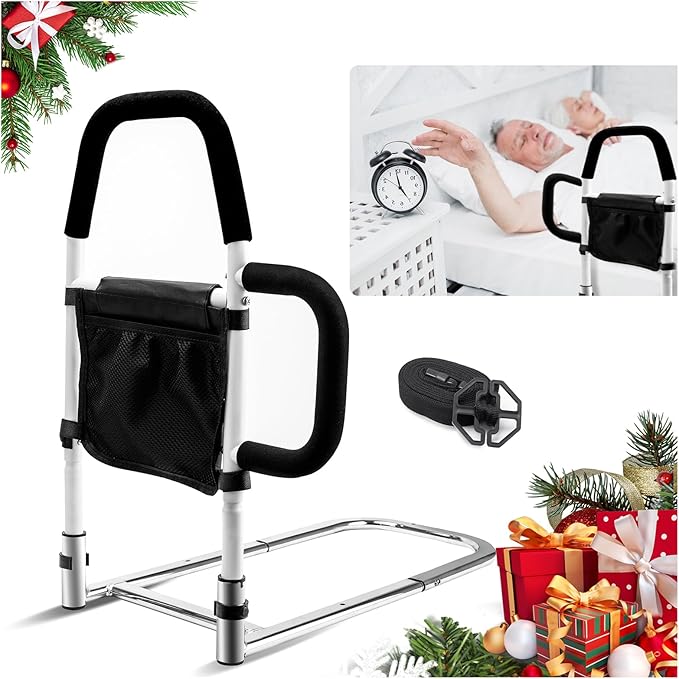 Bed Rails for Elderly Adults Safety-Bed Assist Rail with Double Grab Bars & Fall Prevention Guard & Storage Pocket Fits King, Queen, Full, Twin, Support Up to 300lbs,Height 25.6'' (Double Grab Bars)