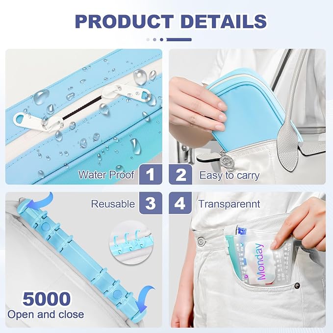 Weekly Pill Organizer 2 Times a Day – Timueetech A6 Waterproof 14 Pouch Bags for Travel, BPA-Free Medication Storage with Labels & Self-Sealing for Vitamins & Supplements, Blue