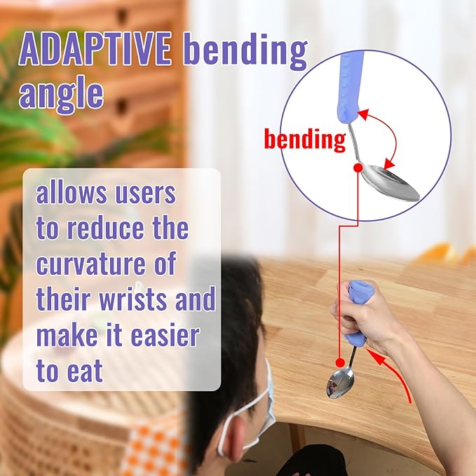 Adaptive Utensils,Curved Angled Spoon and Fork Set,for Tremors Parkinsons Limited or Elderly,Lightweight Cutlery with Non-Slip Easy Grip Handles