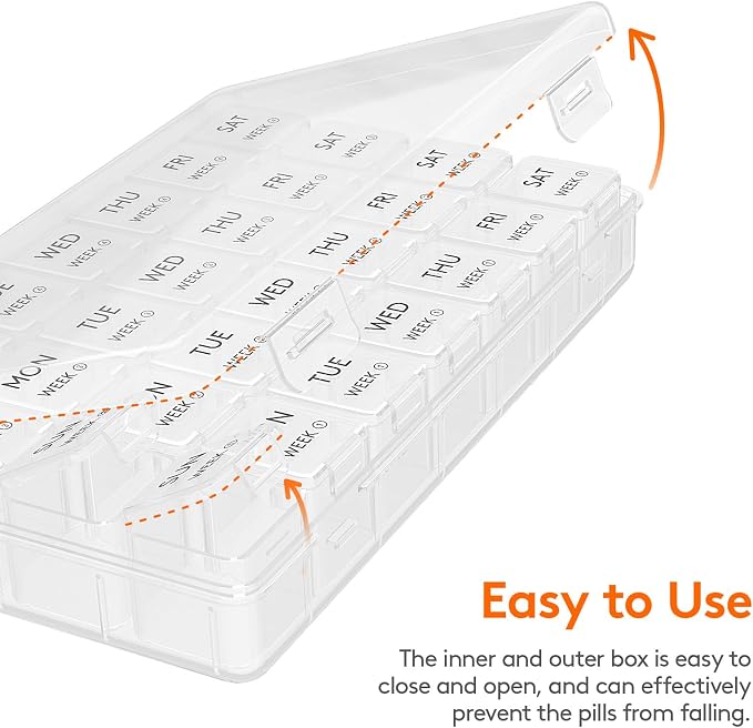 Lifewit Monthly Pill Organizer, 28 Day Pill Box, 4 Weeks One Month Vitamin Cases, Large Compartments Medicine Organizer for Fish Oils, Supplements, 28 Grids, Clear