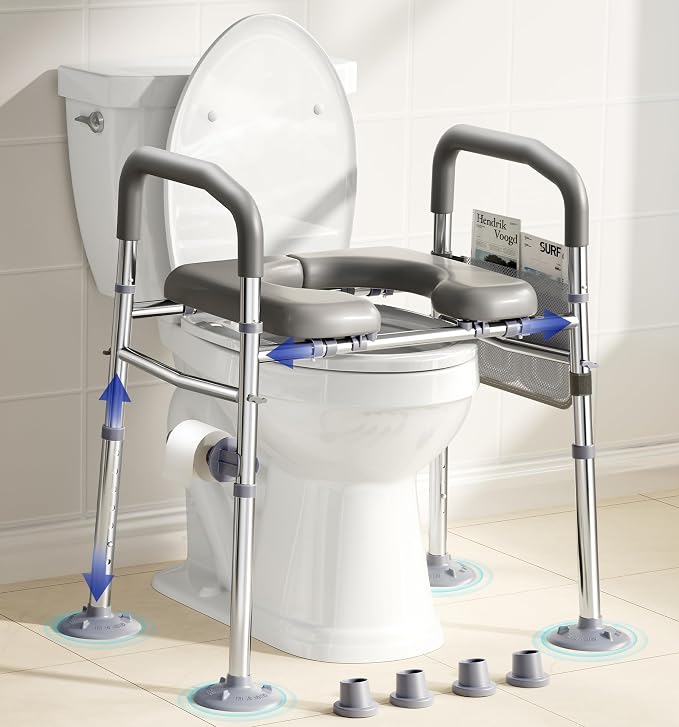 Bluelog Raised Toilet Seat Risers for Seniors with Handles, Grey | Adjustable 7 Height & 6 Width, 400lbs Heavy-Duty Support, Built-in Paper Holder & Storage, For Elderly & Handicap