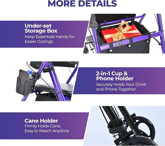 Metro Mobility 2 in 1 Rollator Walker & Transport Wheelchair, Foldable Lightweight Rollator Walker with Seat, 8" Big Wheels for All Terrain, 300 lb. Weight Capacity, Purple