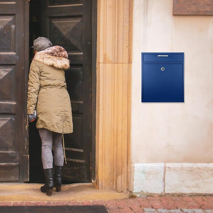 Yaocom Locking Mailbox with Key for Outdoor 12 x 10.5 x 4.7 Inches Large Wall Mount Mail Box with Lock Security Mail Drop Metal Collection Boxes Hanging Secure Postbox(Dark Blue)