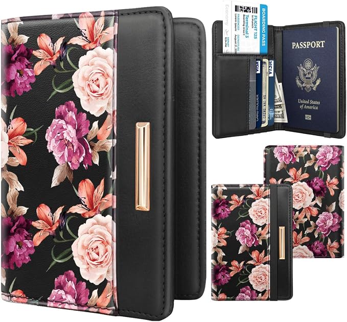 Coco Rossi Passport Holder Cover RFID Cute Slim Travel Wallet Women | Travel Essentials, Passport Book Holders, Passport Cover Case, PU Leather, Thin Card Holder, Spliced Design, Black Flower