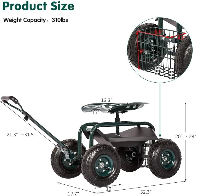 kinbor Rolling Garden Scooter Garden Cart with Tray, 360 Swivel Seat, Green