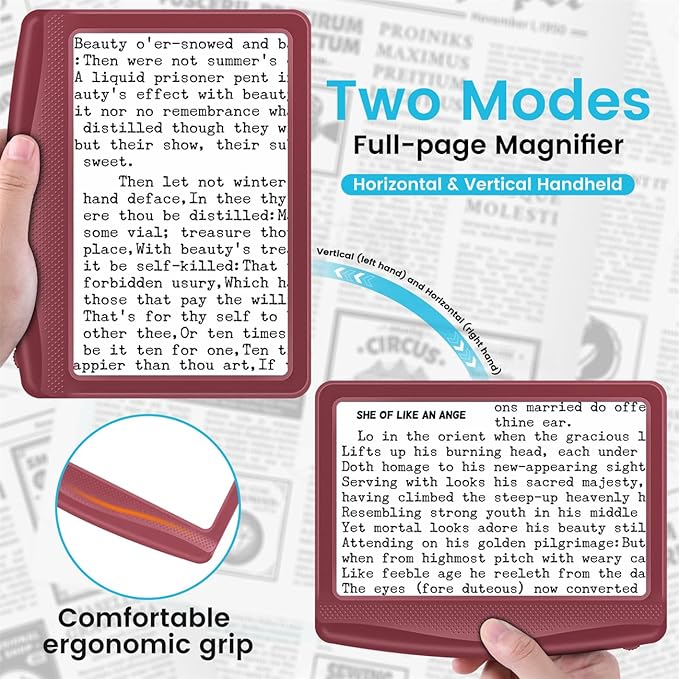 Rechargeable 5X Magnifying Glass for Reading, Large Bright Full Page Magnifier with Light, Handheld LED Dimmable Lighted, Lightweight Book Magnifier for Reading Small Prints Seniors - Red