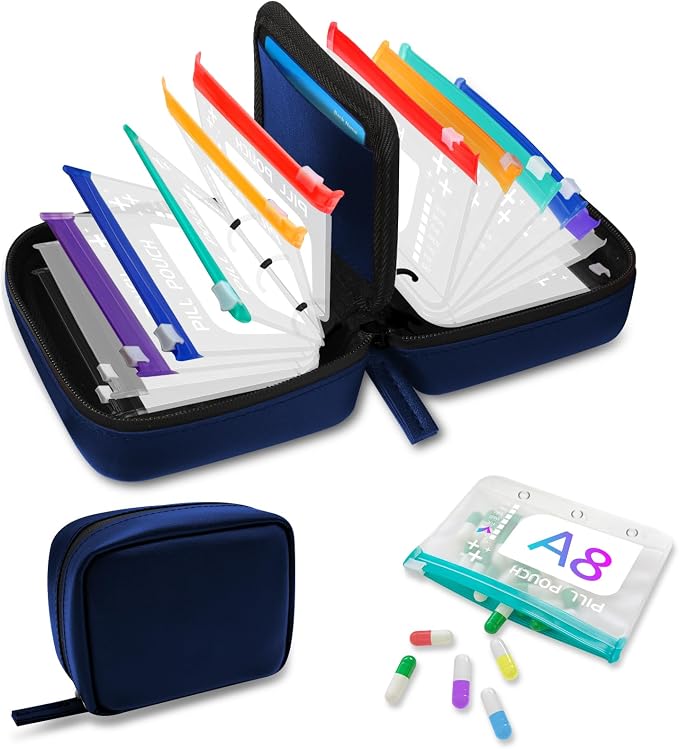 A8 Waterproof Pill Organizer Set, Twice-Daily Large Pill Organizer for Seven Days, Pill Storage with 14 Color-Coded Pouches, Reusable Travel Medicine Organizer