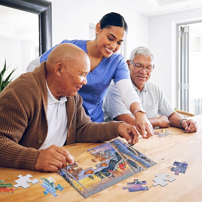 Bits and Pieces Value Set of 3 Large Piece Puzzles for Seniors, 10 in. x 13 in. Winter Cabin, Train, Kitten & Puppy - 35 pc Extra Large Pieces Puzzles for Dementia Seniors, Alzheimer Puzzle