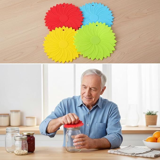 4 Pack Silicone Jar Opener Gripper Pads, Non-Slip Grippers for Opening Jars, Easy-Twist Jar Openers for Weak Hands and Seniors, Dishwasher Safe, Heat Resistant (Multicolor)