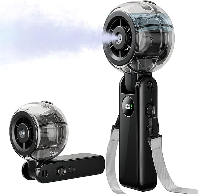 Portable Handheld Misting Fan, Personal Fan that Blow Cold Airflow | USB Rechargeable, LED Display, 100 Speeds, 155° Foldable, Small Neck Fan for Outdoor Travel, Sports Events, Gifts for Men