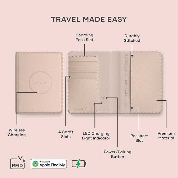 Satechi Passport Holder with Find My Tracking, Vegan Leather, Desert Rose | 4-slot card wallet, wireless charging, RFID protection, vegan leather