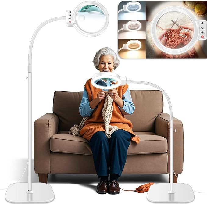30X 10X Large Floor Magnifying Glass with Light and Stand | 2-in-1 Flexible Gooseneck Floor Magnifying Lamp,72 LED Lights, 3 Color Modes, Close Work,Sewing,Crafts,Hobbies