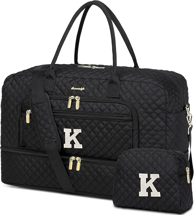 Initial Travel Duffle Bag for Women - Black Personalized Weekender bags Overnight Bag with Shoe Compartment & Wet Pocket Weekend Tote Bags with Toiletry Bag Monogram Christmas Gift (Letter K)
