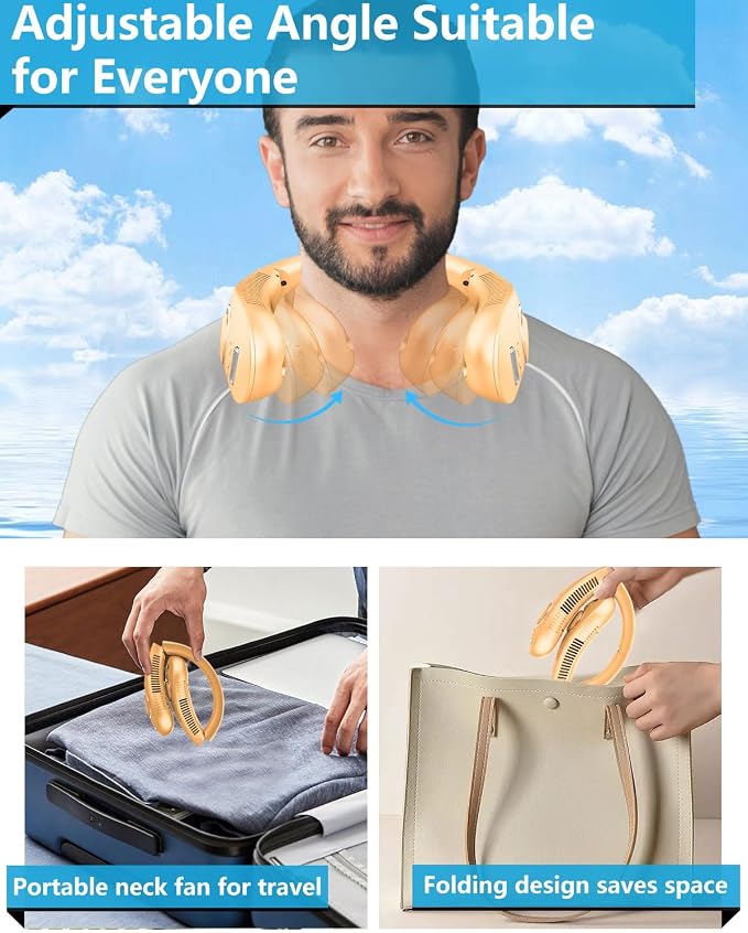 Neck Fan that Blow Cold Air with Mist Spray, Rechargeable with Long Battery Powered, Foldable Water Cooler with LED Display, Leafless Necklace Fans for Women Adult Hot Flashes Summer Outdoor, Apricot