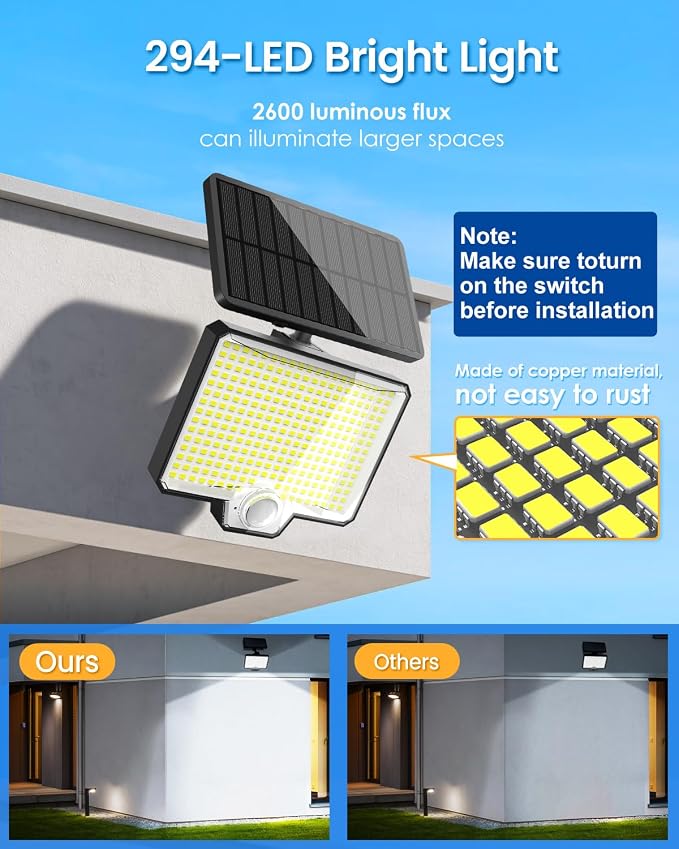 Split Solar Motion Sensor Outdoor Lights, Flood Lights Waterproof, 4 Packs | AUDERWIN 294 LED, 2600Lm, Angle Adjustable Solar Powered Security Spot Lights for Porch Patio Yard Garage Fence Garden