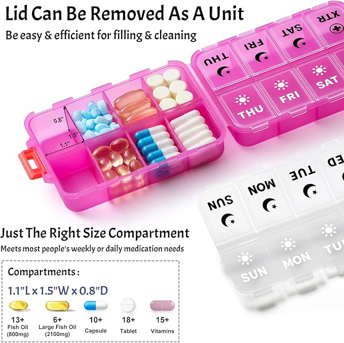 Foldable Weekly Pill Organizer 2 Times a Day with 2 Extra Compartments (Clear Printed Labels) - 7 Day AM PM Medicine Box, Week Daily Travel Pill Case Holder for Vitamin, Supplement - Clear Pink