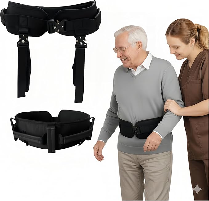 Upgraded Gait Belt with Metal Buckle, Transfer Belt with Handles and Leg Straps, Lift Belt for Seniors, Walking Support, Mobility and Elderly Assistance (Black, Medium)
