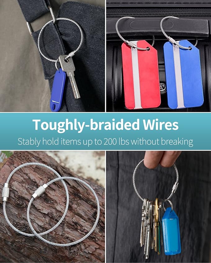 Pawfly 4"/6"/10" Wire Keychain Cable Key Ring Loop Holder 20/50/100Pcs | Large, Stainless Steel, Toughly Braided, Connectable, Corrosion Resistant, for Luggage Tag Kitchen Utensils