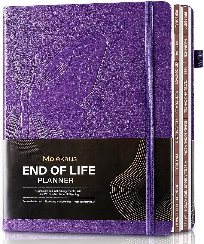 Molekaus End of Life Planner with Tabs, 7"x10" | Guided Estate Planning Organizer, Large Print, 120GSM Thick Paper, Inner Document Pockets for Final & Legal Affairs, Purple