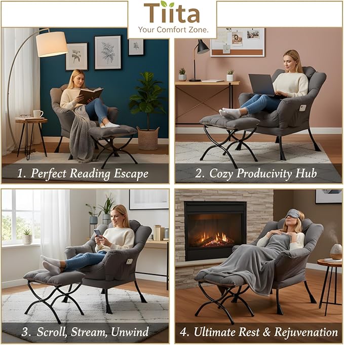 Tiita Lazy Chair with Ottoman, Modern Large Accent Lounge Chair, Leisure Sofa Armchair with Ottoman, Reading Chairs with Footrest for Bedroom, Living Room, Dorm Rooms, Garden