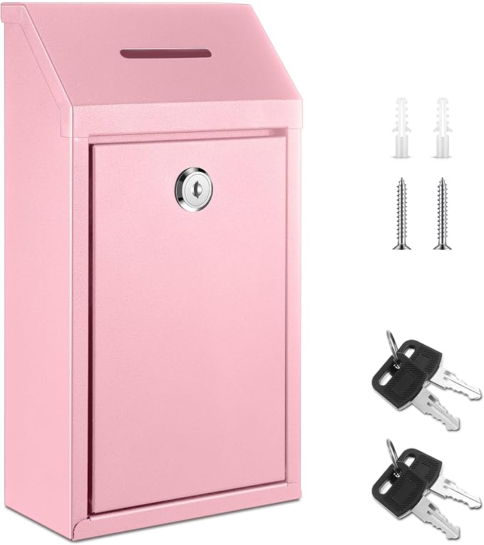 Yaocom Metal Money Box,Pink,10.24 x 5.71 x 2.95 Inch,No Lid | Wall Mounted Drop Donation Cash Box for Farm Stand Collection Safe Suggestion Box with Lock Container for Home Office Outdoor