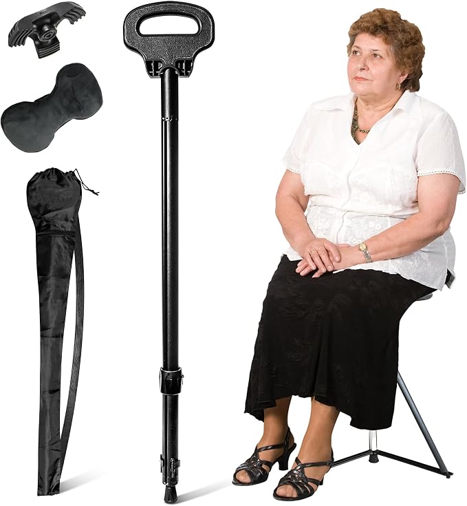 Walking Cane with Seat, Cane Chair with Cushion Folding Lightweight Portable Seat for Adults Seniors Camping Hiking Travelling
