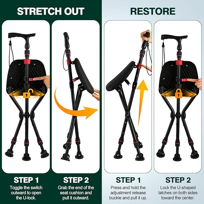 Walking Cane with Seat Holding 400 lbs – Heavy-Duty Folding Cane Chair with Upgraded Detachable 3 Legs, ABC Markings, Adjustable 19"-22" Seat Height, Large Comfort Seat for Seniors