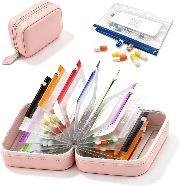 Travel Pill Organizer Binder with 14 Color-Coded Zipper Pouches(1 Pink) | Waterproof PU Exterior • Flexible 3-Ring System • Writable Labels • Crush-Resistant Shell