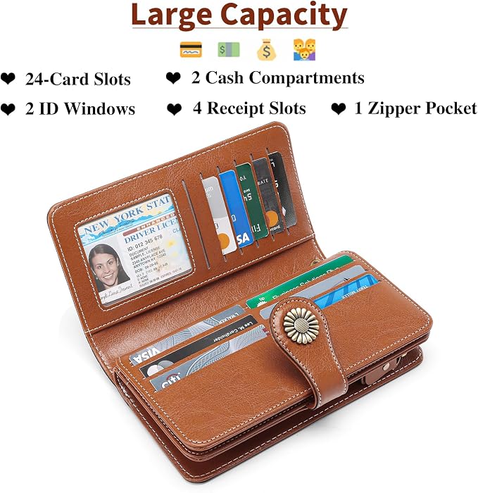 SENDEFN Wallets for Women Leather Credit Card Holder with RFID Blocking Large Capacity Wristlet | with RFID Blocking