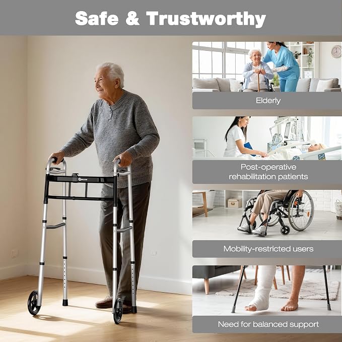 WHLICKS Folding Walkers for Seniors, Lightweight Aluminum Walker with 5'' Front Wheels and 2 Skis, Height Adjustable Standard Walker for Elderly and Disabled, Stable Frame up to 350 lbs