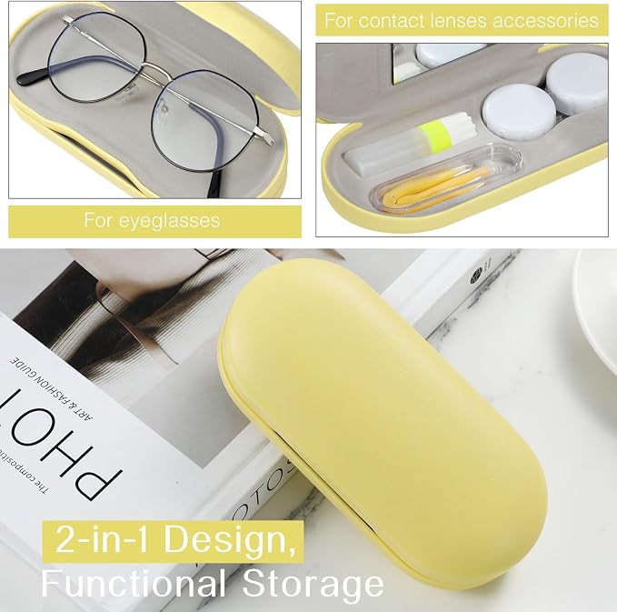 MoKo Double Eyeglass Case, Contact Lens Case with Mirror Tweezers Remover, 2 in 1 Double Sided Portable Contact Lens Box Holder Container Soak Storage Kit Sunglasses Pouch for Men & Women, Yellow