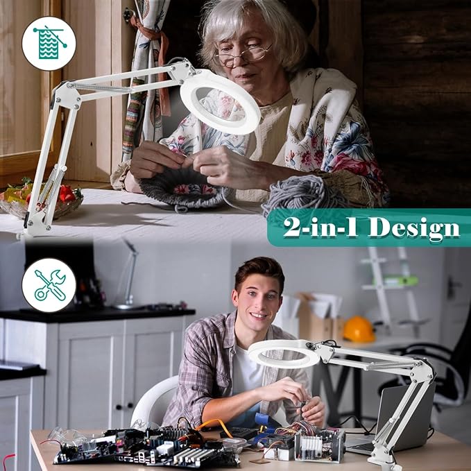 10X Magnifying Glass with Light and Stand, 5 Color Modes Stepless Dimmable 2-in-1 Desk Lamp with Clamp, Hands Free LED Lighted Magnifier with Light for Craft Hobby Painting Reading Close Works - White
